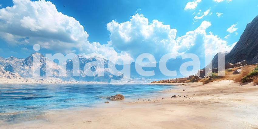 Stunning Beachscape Azure Waters Sandy Shores and Majestic Mount