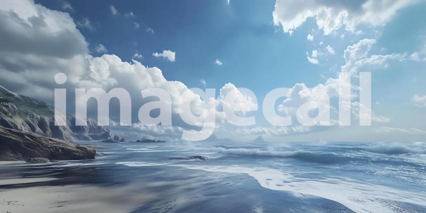 Stunning Seascape Ocean Waves Blue Sky and Fluffy Clouds  Panora