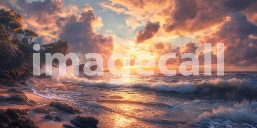 Vibrant Sunset Ocean Scene Dramatic Clouds Waves Crashing on Roc