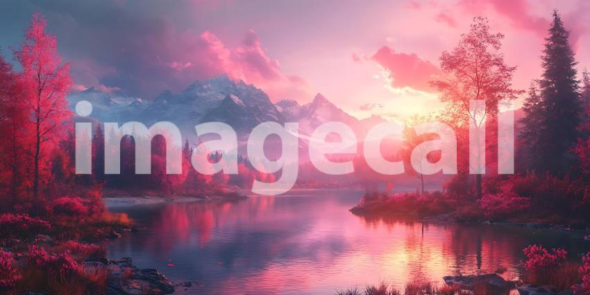 Pink Sunset Mountain Lake Artistic Landscape Wallpaper