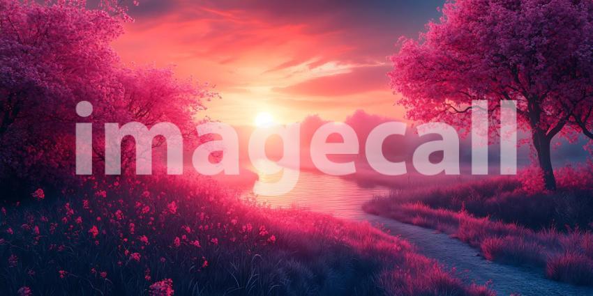 Vibrant Sunset Landscape Pink Blossoms Serene River Magical Scen