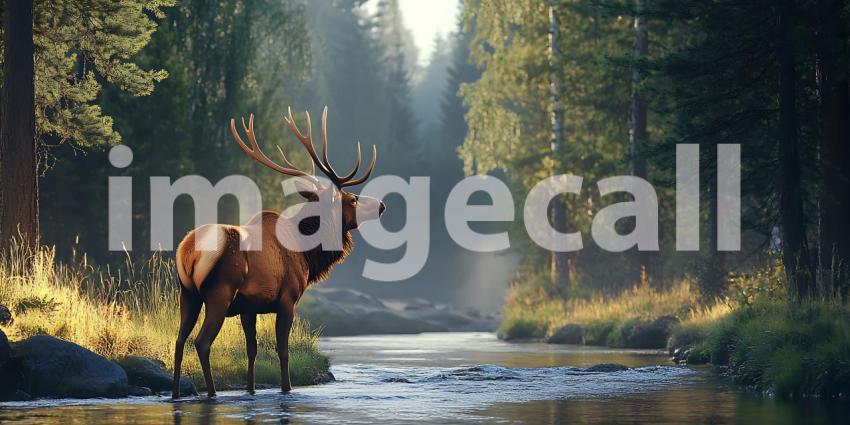 Majestic Elk in Peaceful Forest River Scene Nature Photography