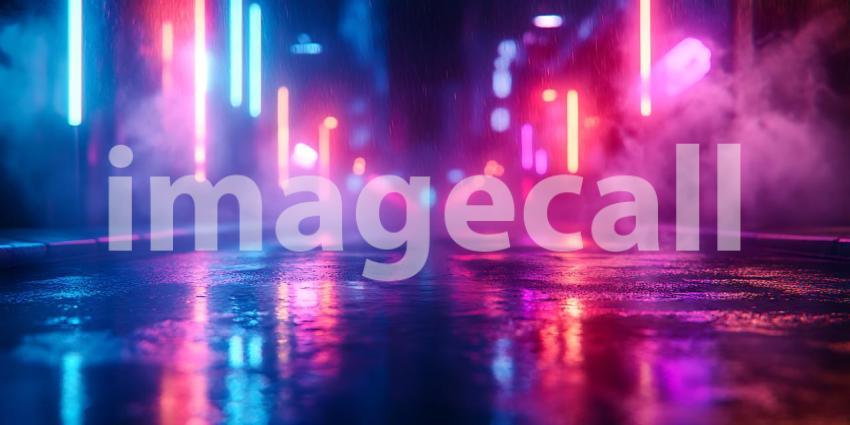 Neon Cityscape Vibrant Pink and Blue Lights Reflecting on Wet St