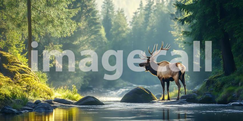 Majestic Elk in Serene Forest River Landscape Nature Photography