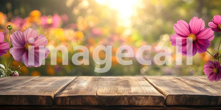 Vibrant Spring Flowers and Rustic Wooden Table Perfect Backgroun