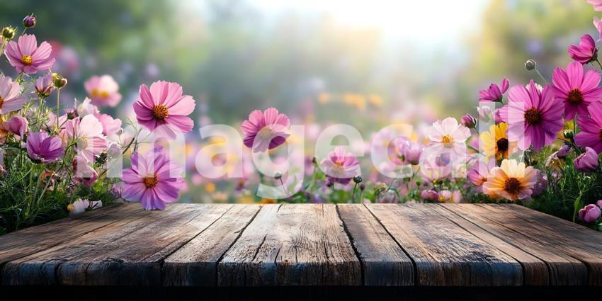 Vibrant Cosmos and Rustic Wood A Stunning Floral Background