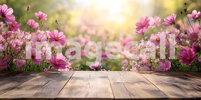 Pink Flowers Bloom Serene Garden Scene on Rustic Wood