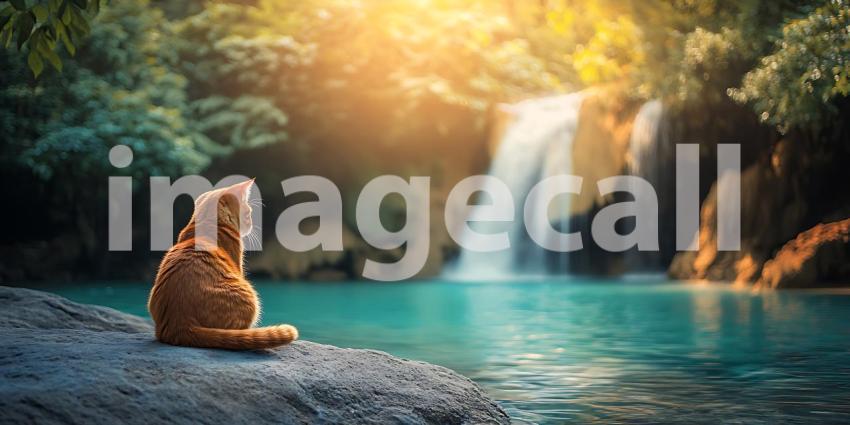 Serene Waterfall Scene Ginger Cat Contemplating Natures Beauty