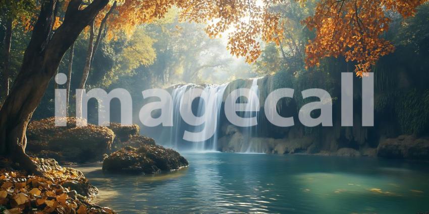 Enchanted Waterfall in Autumn Forest Serene Nature Photography