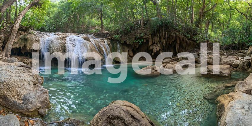 Lush Tropical Waterfall Crystal Clear Pool in Emerald Green Jung