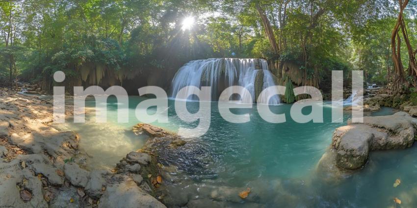 Serene Waterfall Scene Lush Greenery Turquoise Pool and Sunlit C