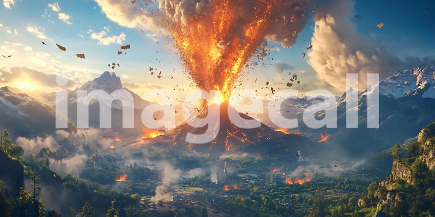 Epic Volcanic Eruption Dramatic Landscape with Majestic Mountain