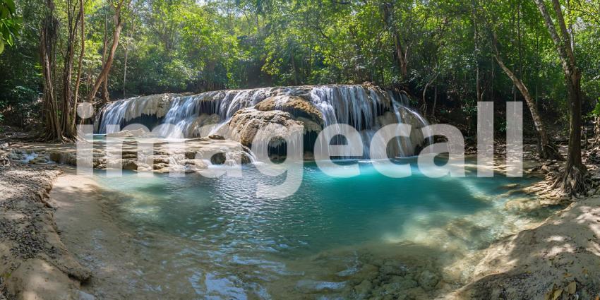 Serene Waterfall Scene Lush Tropical Rainforest Turquoise Water