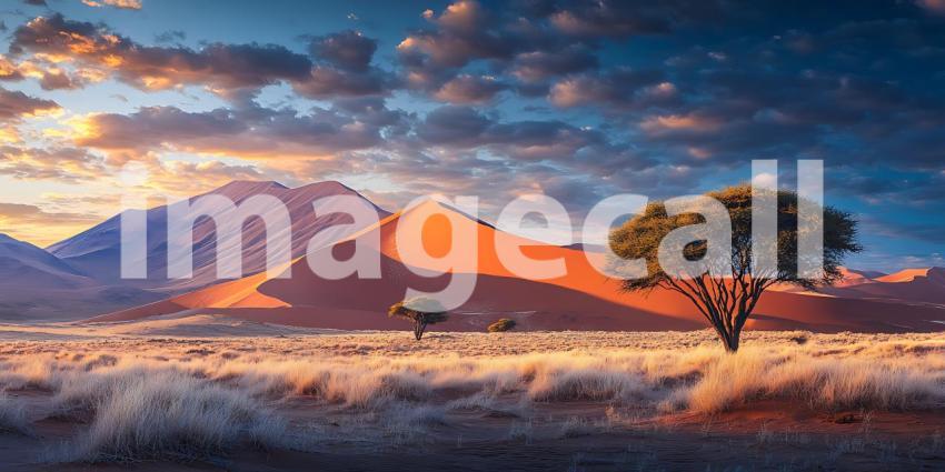 Epic Sunset Landscape Vibrant Desert Scene with Majestic Mountai
