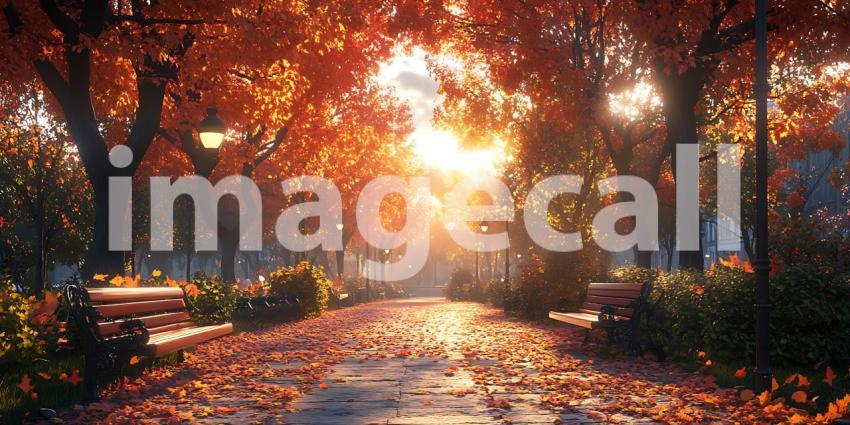 Autumn Path Sunlit Landscape with Vibrant Fall Foliage