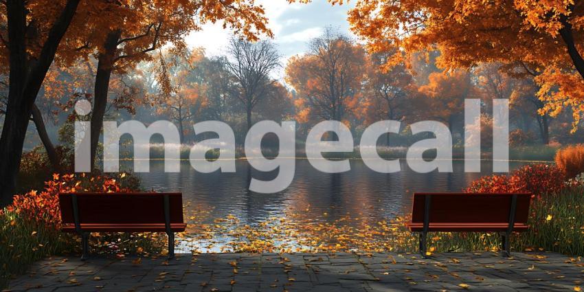 Autumnal Park Scene Serene Lake Colorful Trees and Park Benches
