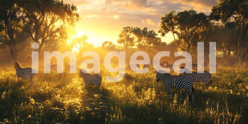Sunrise Savanna Herd of Animals in Golden Light