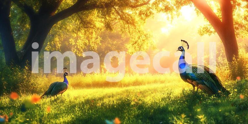 Majestic Peafowl in Golden Sunlight A Serene Nature Scene
