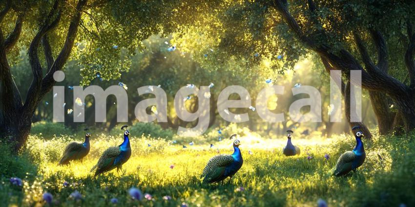 Majestic Turkeys in a Sunlit Grove A Serene Nature Scene
