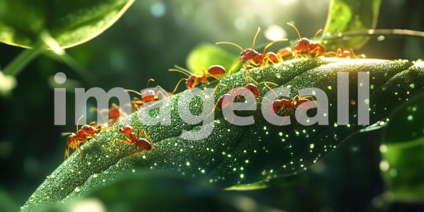Red Ants Crawling on Green Plant Leaf Macro Photography of Insec