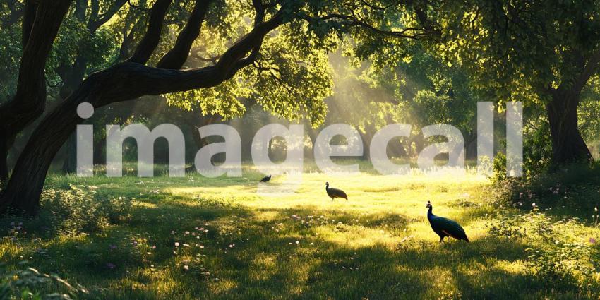 Serene Sunrise Majestic Birds in a SunDrenched Forest