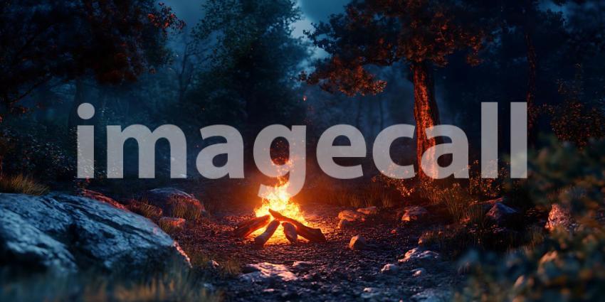 Night Forest Campfire Epic Wilderness Scene Realistic Bonfire in