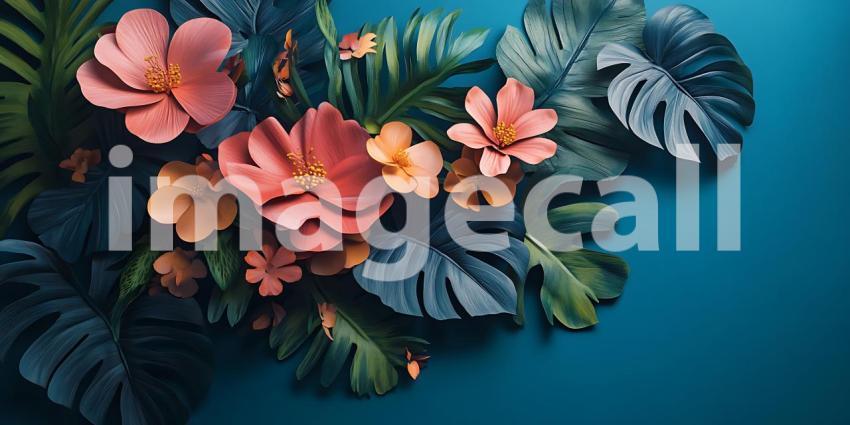 Vibrant Tropical Flowers and Lush Monstera Leaves on Teal Backgr