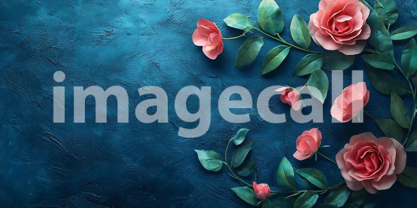 Stunning Pink Roses on Deep Blue Background Floral Photography R
