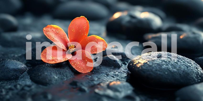 Vibrant Coral Flower on Smooth Dark Stones Stunning Nature Macro
