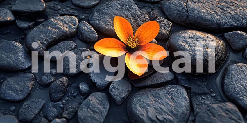 Vibrant Orange Flower Amidst Dark Volcanic Rocks Striking Nature
