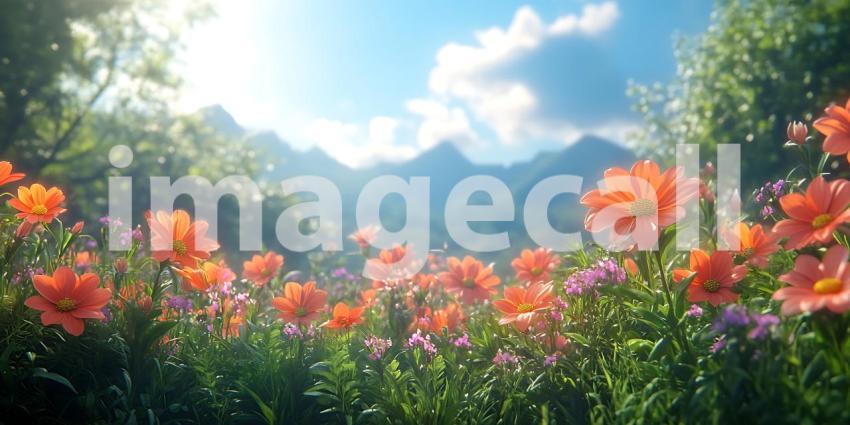 Vibrant Orange Poppy Field Landscape Mountain Scenery Sunny Day