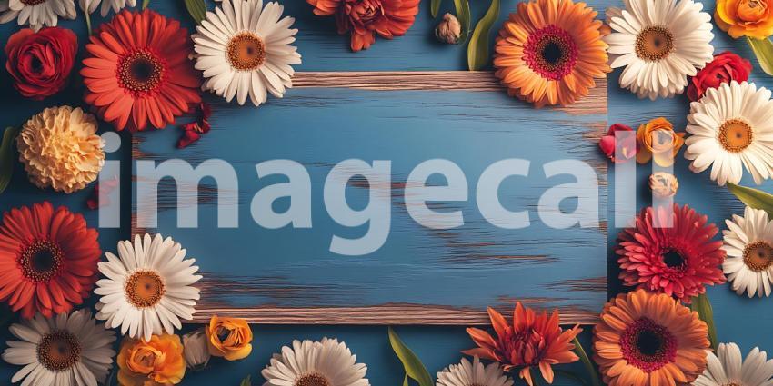Vibrant Floral Frame Blue Wooden Background for Design Projects