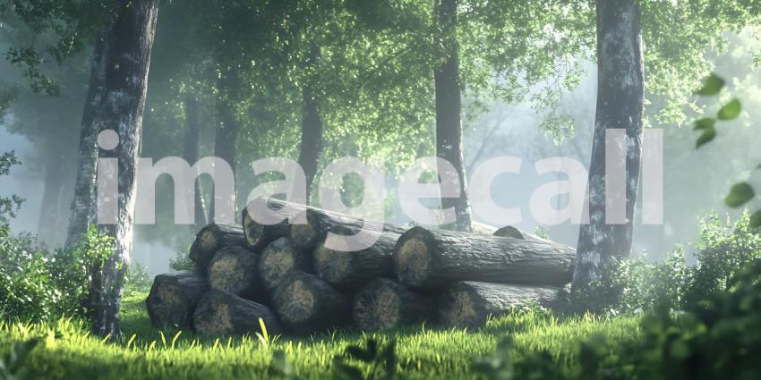 Misty Forest Lumber Pile in SunDappled Woods  Nature Photography