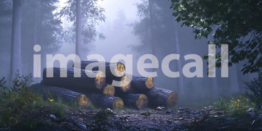 Misty Forest Log Pile in Atmospheric Woodland Scene  Nature Phot
