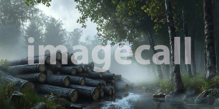Rainy Forest Scene Misty Woods Log Pile and Stream