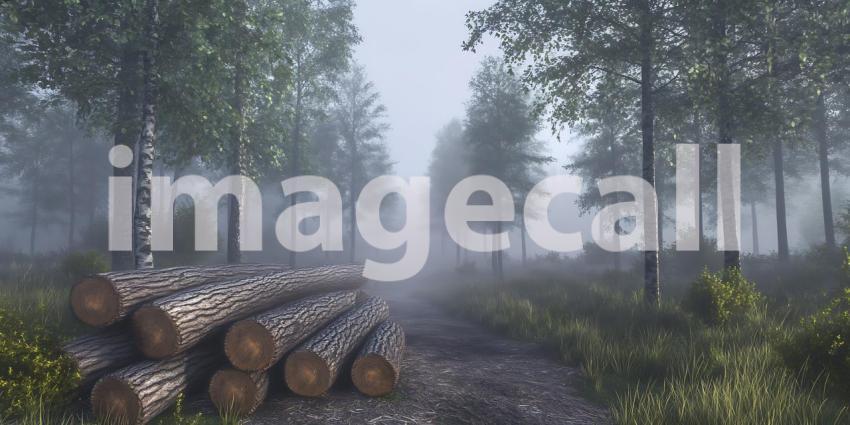 Misty Forest Path Lumber Pile Scene Nature Photography