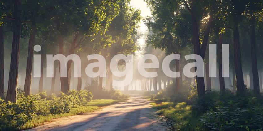 Misty Forest Path Sunlit Trees  Serene Nature Scene