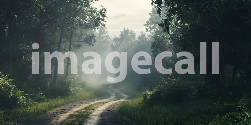 Misty Forest Path Serene Nature Photography  Lush Greenery Tranq