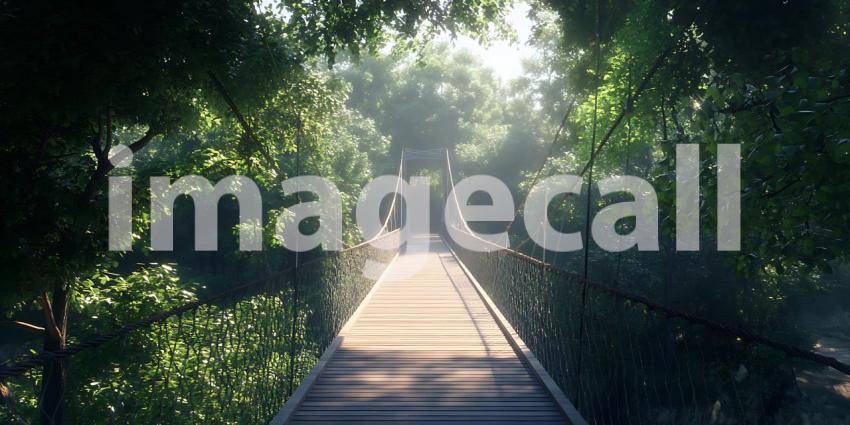 Sunlit Pathway A Serene Wooden Bridge Through Lush Greenery