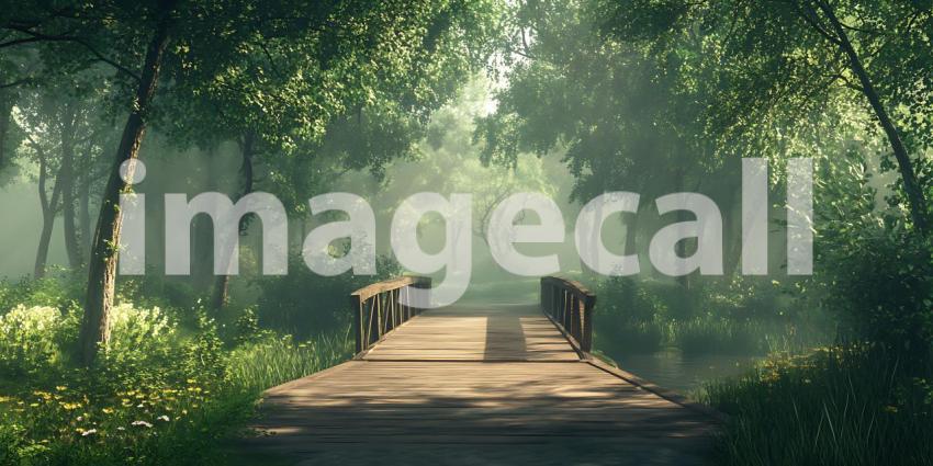 Serene Forest Path Lush Greens Misty Bridge Tranquil Nature Scen