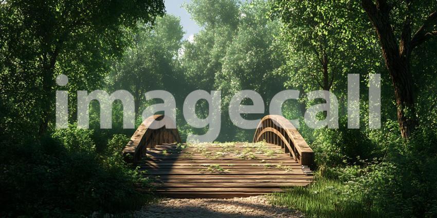 Lush Green Forest Path Overgrown Wooden Bridge Sunlit Canopy Nat
