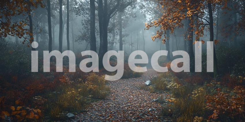 Misty Forest Path Autumnal Woods Scene
