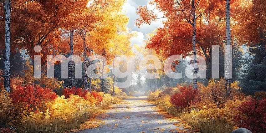 Autumnal Path Vibrant Fall Foliage Scene  Picturesque Road Throu