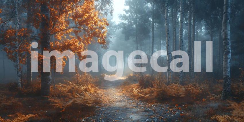 Autumn Forest Path Misty Woods Scene Fall Foliage Nature Photogr