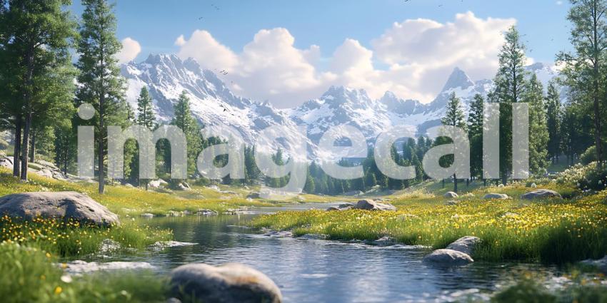 Stunning Mountain Landscape Serene River Lush Meadow Majestic Pe