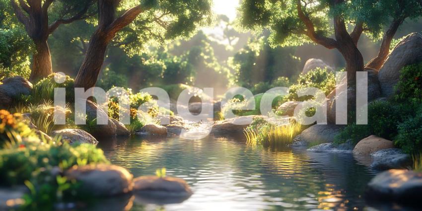 Serene Forest Stream Sunlit Nature Scene Lush Greenery Tranquil