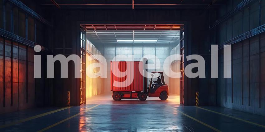 Warehouse Logistics Red Cargo Container  Forklift in Industrial