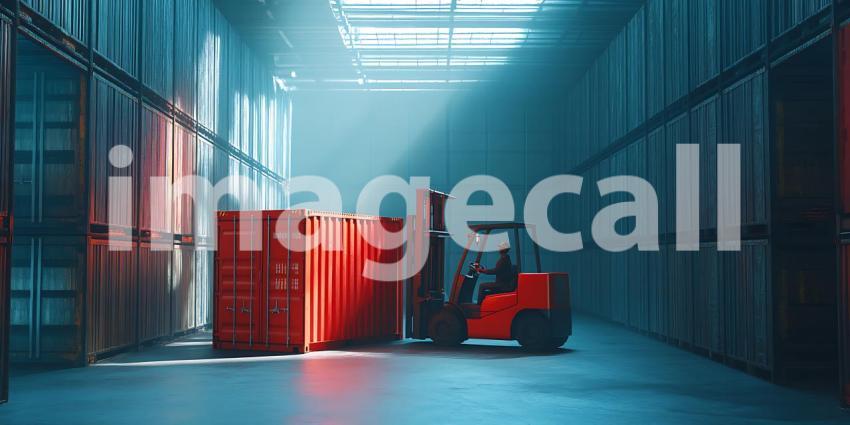 Powerful Warehouse Logistics Red Forklift Transports Goods in Mo