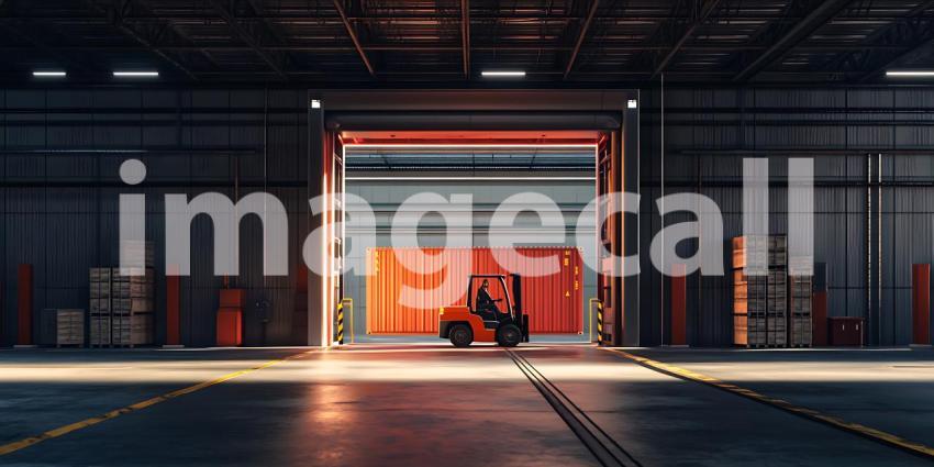 Industrial Warehouse Interior Dramatic Lighting and Open Doorway