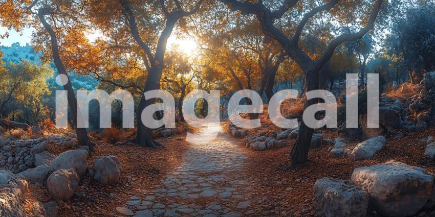 Autumnal Path Sunlit Forest Scene